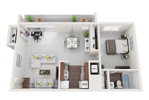 Renovated 1 Bed 1 Bath 526sf 3D Floor Plan at Falls Village Apartments, Maryland